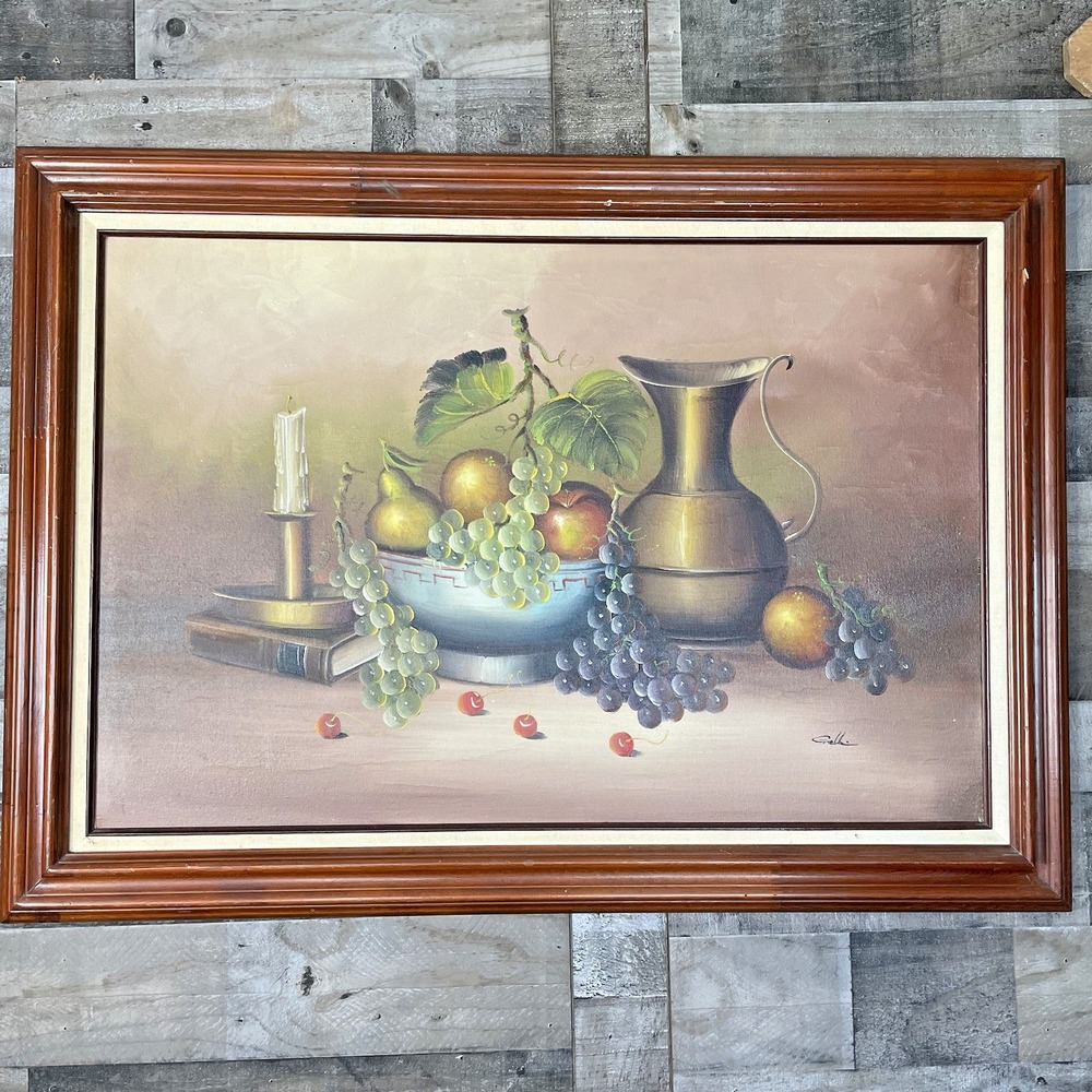 Fruit Pitcher & Candle Still Life Oil On Canvas Signed Framed 36"x24" Canvas Vtg